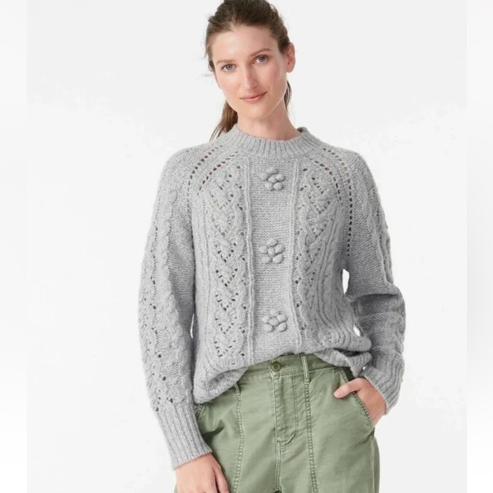 J crew cable knit pointelle sweater with popcorn flowers